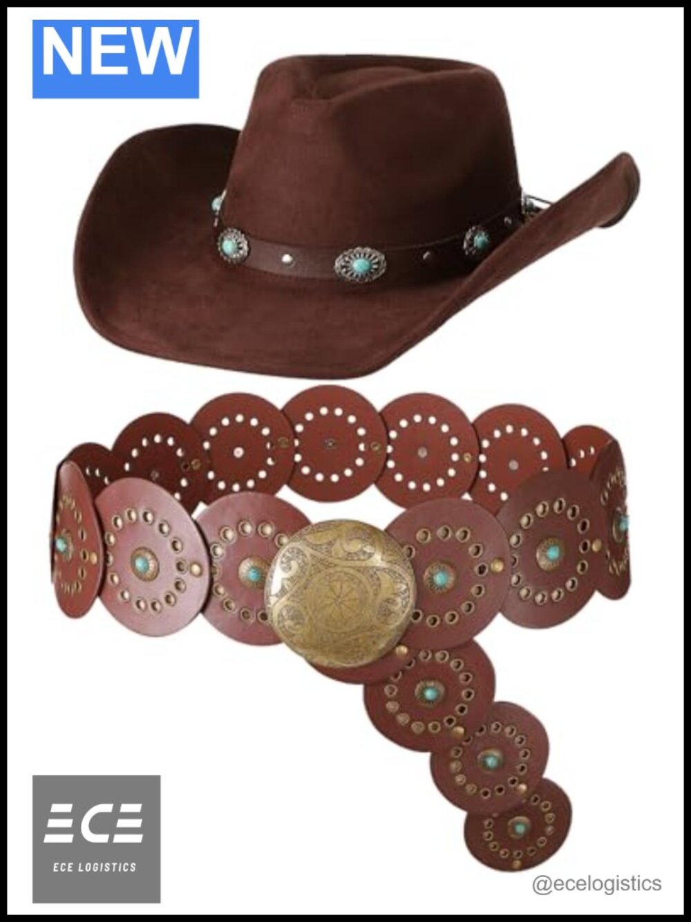 Suede Cowboy Hat & Faux Leather Belt Set Western Wide Brim